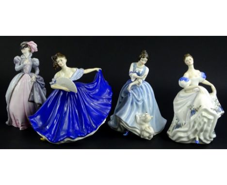 Three Royal Doulton porcelain figurines, Lorraine, Elaine, Beatrice and a Royal Worcester figurine Masquerade (4).