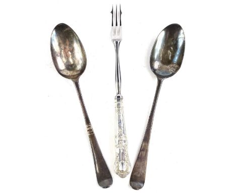 A pair of George V Old English pattern silver spoons, London 1923 by James Sutton and James Bult, 2¾oz, and a silver plated p