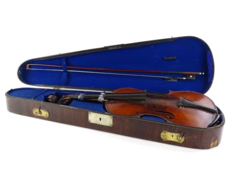 A violin, with two piece back, length of back 35cm, a violin bow and a late 19th/early 20thC rosewood veneered violin case wi