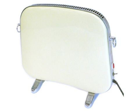An Art Deco style red enamel and chrome plated heater (AF), 60cm W.