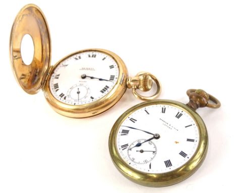 A gold plated half hunter pocket watch, with white enamel dial and Roman numerals, signed Hewett Cliftonville Rolex with blue