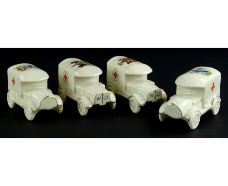 Four crested porcelain First World War ambulances, Cleethorpes, City of Cardiff, City of London and Sandiacre.