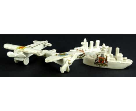 A First World War related crested items, to include two aeroplanes and two battleships.