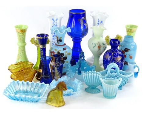 A collection of Victorian glass, to include some pieces with hand painted enamel colours, turquoise pressed moulded Sowerby t