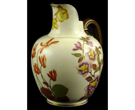 A Royal Worcester porcelain ewer, decorated with flowers in the oriental style, picked out in gilt, printed mark in puce to u