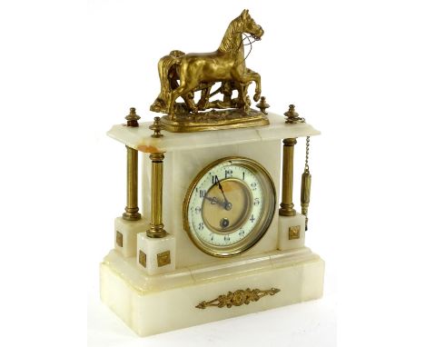 A late 19thC French alabaster and gilt metal mantel clock, of portico form, mounted with a horse beside a fence, supported by