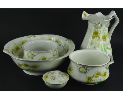 A Henry Alcock &amp; Co semi porcelain part wash stand set, each piece decorated with yellow flowers and green leaves, in the