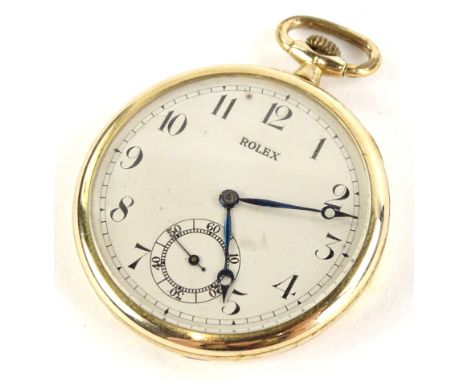 A Rolex rolled gold pocket watch, with white enamel dial, blue hands and seconds dial, bezel wind, with Swiss movement.