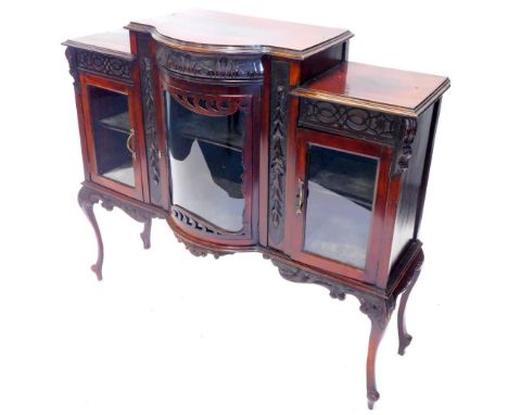 An Edwardian mahogany side cabinet, with a bow fronted glazed door, flanked by two further glazed doors on cabriole legs, 122