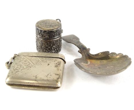 A collection of small silver, to include a Vesta case with engraved decoration, a small box containing a thimble and a caddy 