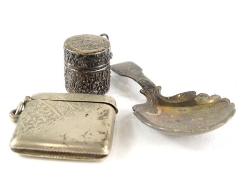 A collection of small silver, to include a Vesta case with engraved decoration, a small box containing a thimble and a caddy 