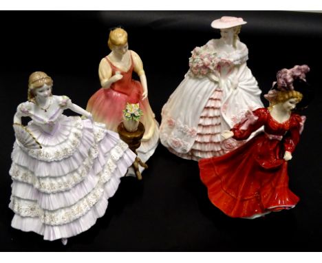 Four figurines, Royal Doulton Patricia and Sarah, Worcester Belle of the Ball and Coalport Rose.