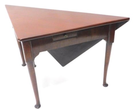 An unusual mid 18thC walnut triangular drop leaf table, with a single drop leaf, gate leg action and turned tapering legs wit
