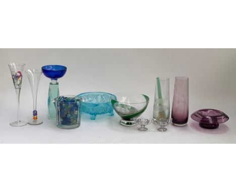 A mixed lot of mainly coloured glass to include Caithness bowl engraved with golf scenes, two Caithness vases, one 'Autumn Le