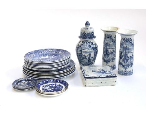 A quantity of blue and white ceramics to include a pair of delft vases (af), Copeland Spode plates, Booths 'Real Old Willow',
