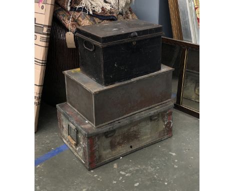 An ammunition box, 53cmW; a black painted deed box, 36cmW and one other (3) 