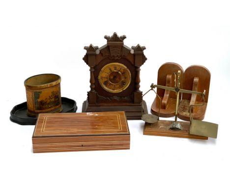 A mixed to include: a Degrave &amp; Co London weighing scale, bookends, mantle clock, a cigar box with marquetry inlay contai