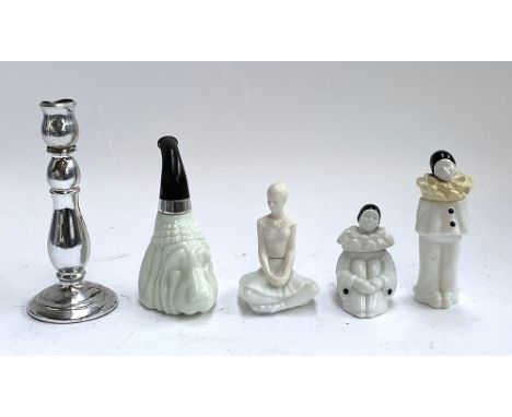 Five vintage Avon novelty perfume bottles, two in the form of clowns, one ballerina, dog pipe, and Rapture candlestick 