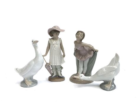 Four Nao by Lladro figures, comprising two white geese, girl with umbrella, no. 1126, and ballerina, no. 1151, the tallest 18