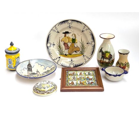 A quantity of continental ceramics, to include Alcobaca Portugal majolica charger, 35cmD; framed tile, Quimper style bowl etc
