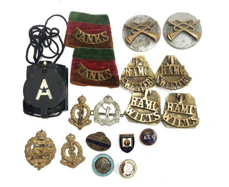 A mixed lot to include German army compass, a pair of British army trumpeters badges, a pair of Royal Army Medical Corps Wilt