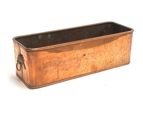 A rectangular copper trough planter with twin lion mask handles, 43cmW 