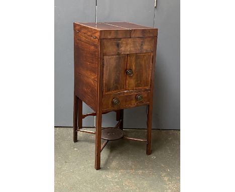 A George III mahogany and line inlaid wash stand, double hinged lid, with pull-up mirror, over cupboard and single drawer, cr