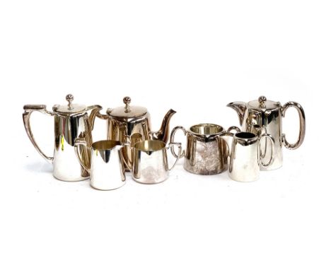 A four piece silver plated tea set by Mappin &amp; Webb; together with a three piece tea set by Walker &amp; Hall 