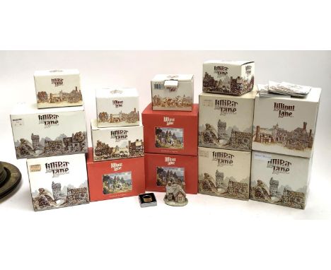 A collection of 14 boxed Lilliput Lane figurines, 'Crown Inn', 'Beacon Heights', 'Junk &amp; Disorderly', 'Three Fences', 'Sw