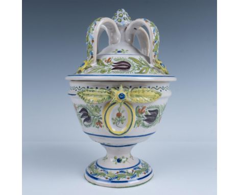 A vintage hand crafted and hand painted ornate footed bowl with a four-handled lid featuring an artichoke finial and floral m