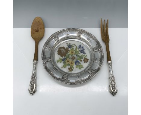 Gorgeous sterling silver Wallace Rose Point tray decorated with pixel like flowers, and a set of fork and spoon serving utens