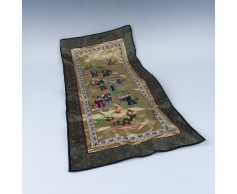 A beautiful small tapestry in colorful threaded details. Features eight figures, possible the Eight Immortals from Chinese my