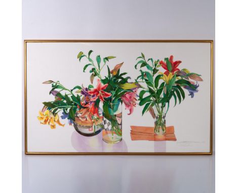 Splendid original watercolor silkscreen on paper featuring vases filled with flowers by American artist Gary Bukovnik, known 