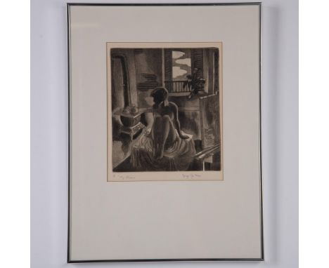 This original etching on paper depicts a beautiful intimate view of American artist George Jo Mess' Studio where a nude femal