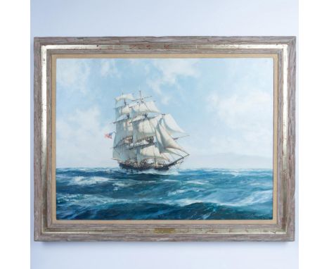 Superb original oil on canvas entitled Brig Pilgrim off Santa Catalina by British-American maritime Master artist John Stobar