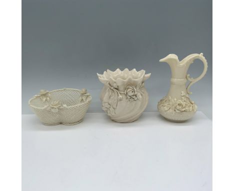 Elegant collection of vessels that consists of a vase decorated with raised roses and shamrocks, a lattice weaved basket with