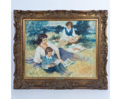 Pique Nique (Picnic) is a large original oil on canvas by French genre artist Pierre Eugene Duteurtre who paints with vibrant