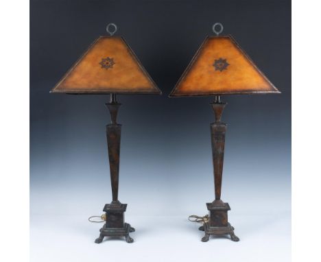Tiered table lamp base with clawed feet. Faux natural leather shades designed with star accents included 15.5"L x 15.5"W x 9"