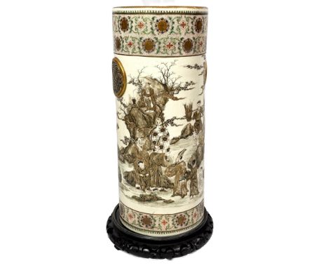 A stunningly ornate tall ceramic vessel, lavishly adorned with intricately hand-painted traditional Chinese artwork and gilde