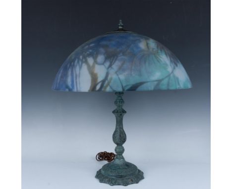 Splendid antique hand-painted art glass table lamp with the frosted dome depicting blue jays in a tropical theme. Triple sock