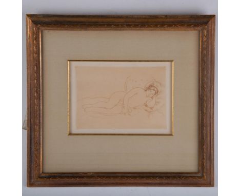 Antique original sanguine etching on paper entitled Reclining Nude Turned to The Right (Femme Nue Couchee Tournee a Droite) b