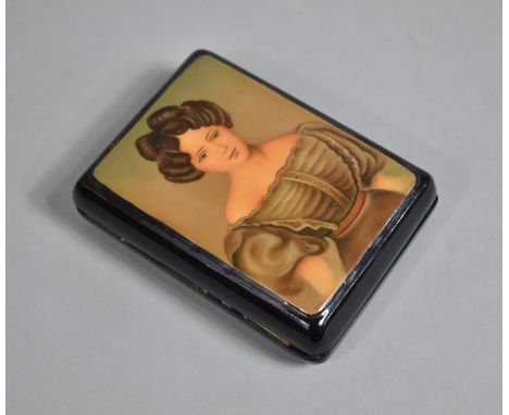 A Russian Lacquered Box the Hinged Lid Decorated with Portrait of 19th Century Maiden 