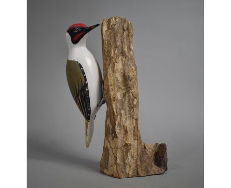 A Hand Painted Carved Wooden Study of a Woodpecker on Tree Trunk, 25cm high 