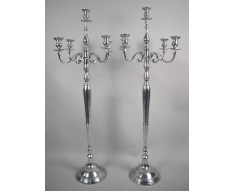 A Pair of Tall Modern Five Branch Candelabra on Stepped Circular Base, 150cms High 