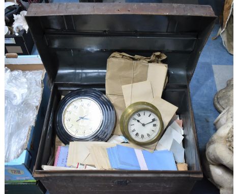 A Metal Travelling Trunk Containing Vintage Stationery, Wall Clocks etc, 66cm wide 