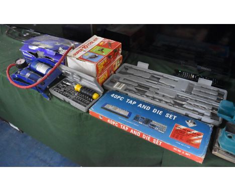 A Collection of Various Tools to Include Foot Pumps, Tap and Die Set, Tool Kit etc 