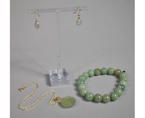 A Modern Jadeite and Silver Pendant on Fine Chain Together with Jade Bead Bracelet and Silver and Jade Earrings 
