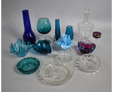 A Collection of Various Coloured and Plane Glassware to Comprise Italian Glass Shaped Bowl, Vases, Cordial Decanter Etc 