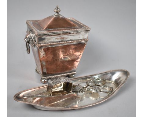 A 19th Century Sheffield Plated Sarcophagus Tea Caddy with Lion Mask Ring Handles Together with a Silver Plated Candle Snuffe