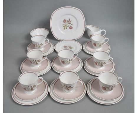 A Suzy Cooper Talisman Pattern (C1139) Decorated Tea Set to comprise Eight Cups, Saucers and Side Plates, Milk and Sugar Bowl